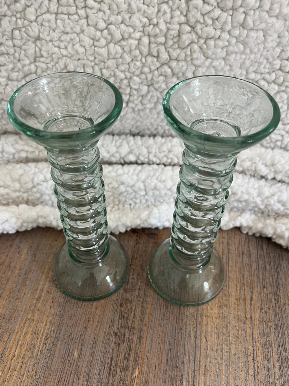 Set 2 Recycled Glass Ribbed Candlestick Holders Green/Blue Aqua 7.25”